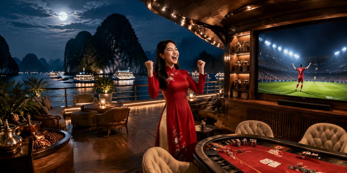 Người phụ nữ mặc áo dài chơi bài trực tuyến trên điện thoại với cảnh vịnh Hạ Long phía sau