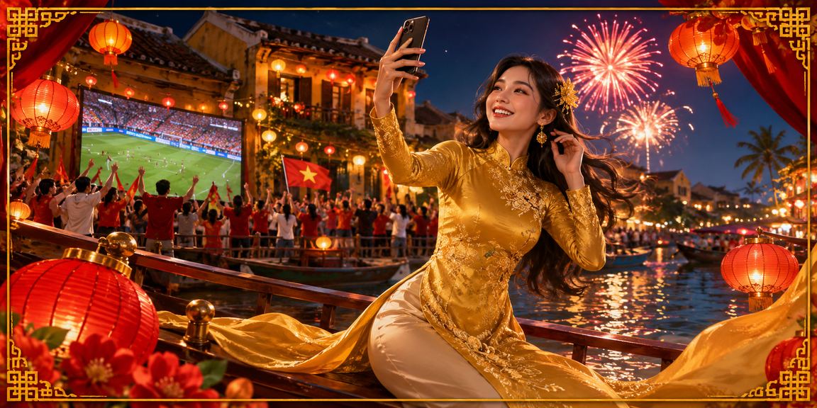 Người phụ nữ mặc áo dài ở Hội An đăng nhập và chơi casino mobile trên điện thoại
